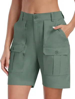 MoFiz Women's Cargo Bermuda Shorts Long Cotton Hiking Twill Chino Shorts Elastic Waist for Summer Casual Golf Travel Outdoor