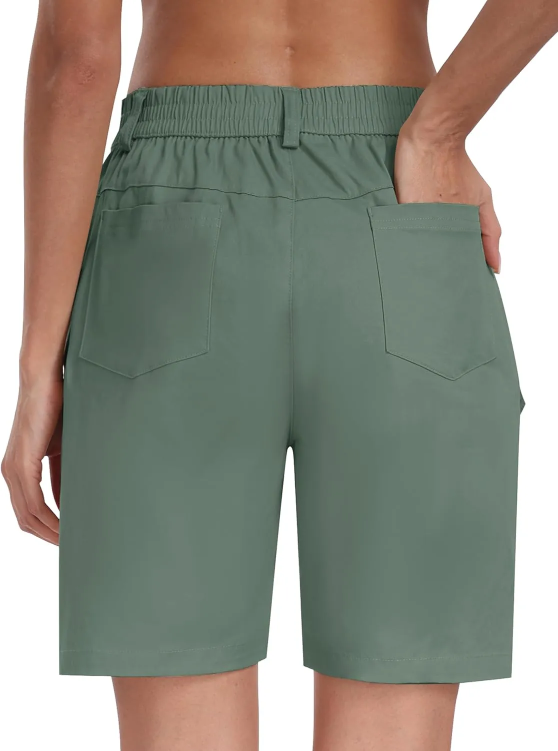 MoFiz Women's Cargo Bermuda Shorts Long Cotton Hiking Twill Chino Shorts Elastic Waist for Summer Casual Golf Travel Outdoor