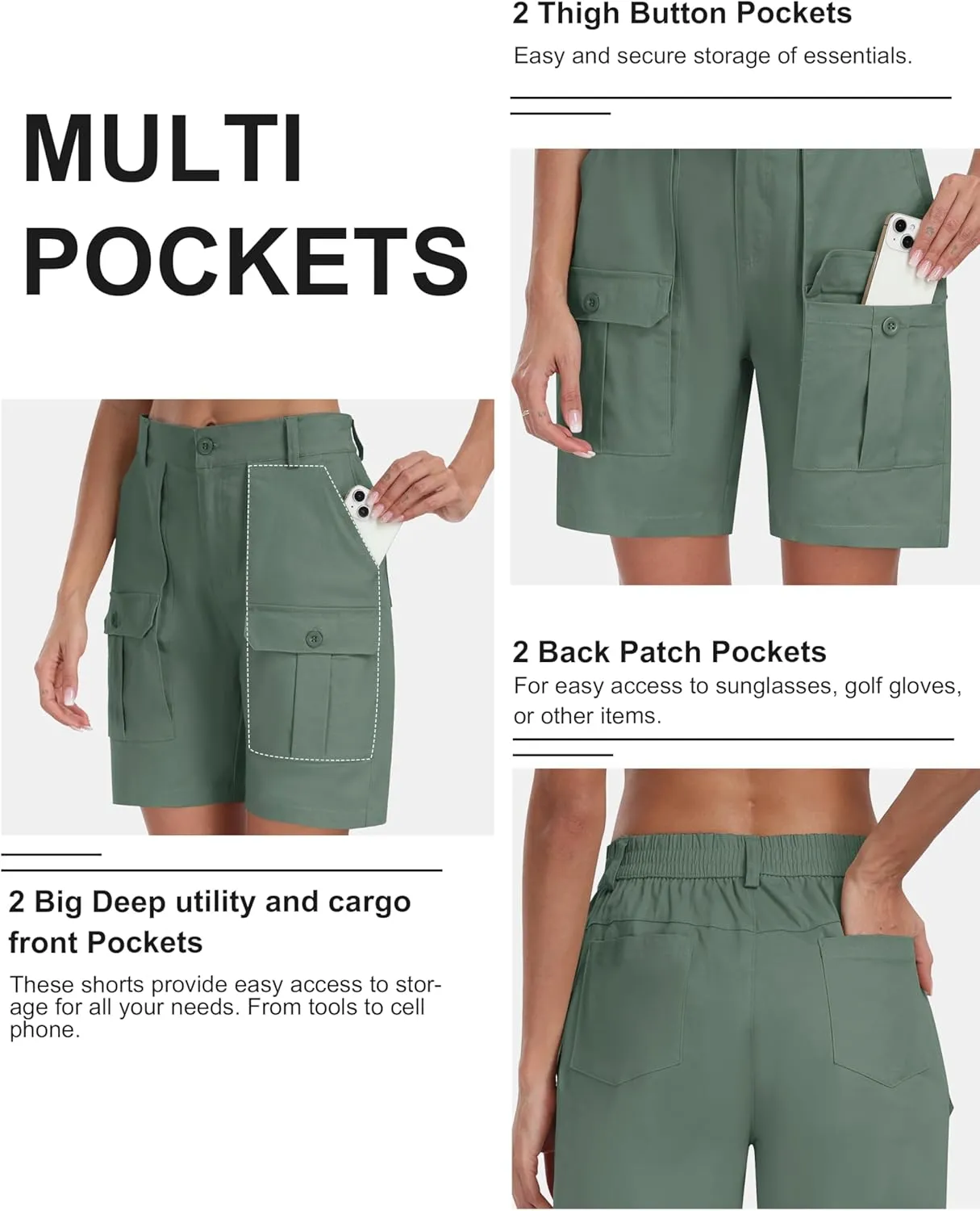 MoFiz Women's Cargo Bermuda Shorts Long Cotton Hiking Twill Chino Shorts Elastic Waist for Summer Casual Golf Travel Outdoor