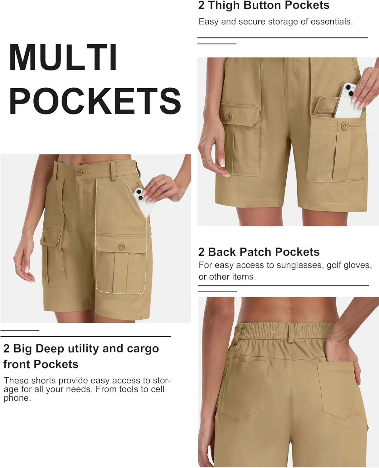 MoFiz Women's Cargo Bermuda Shorts Long Cotton Hiking Twill Chino Shorts Elastic Waist for Summer Casual Golf Travel Outdoor