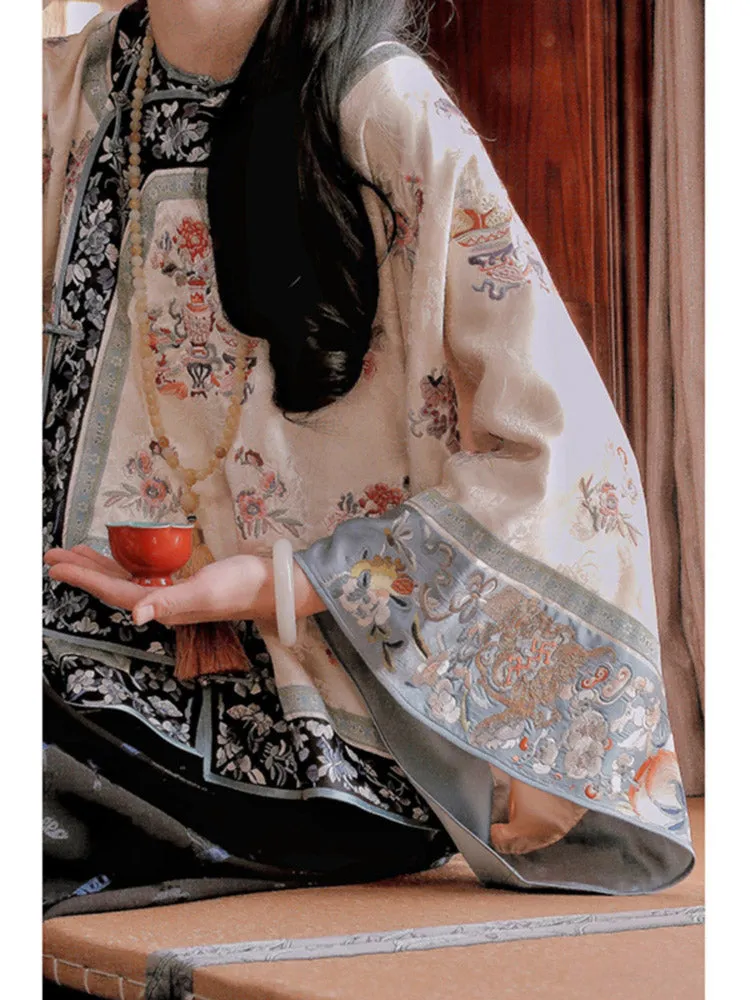 New Chinese-style Beige Han Elements Printed Jacquard Blouse Top with Traditional Frog Closure