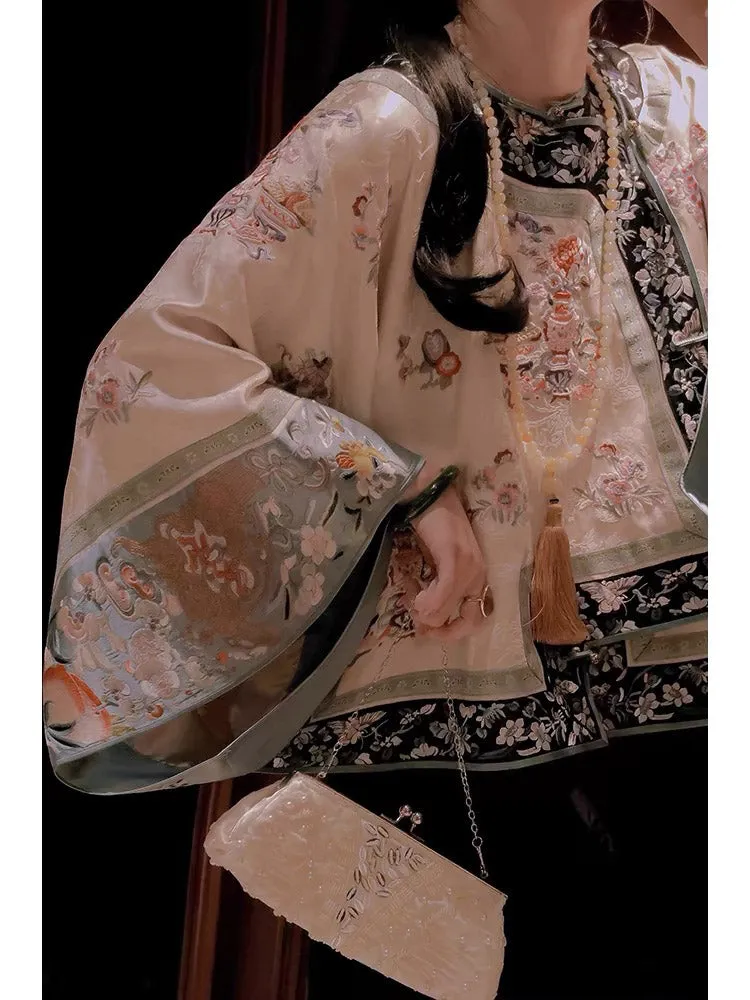 New Chinese-style Beige Han Elements Printed Jacquard Blouse Top with Traditional Frog Closure
