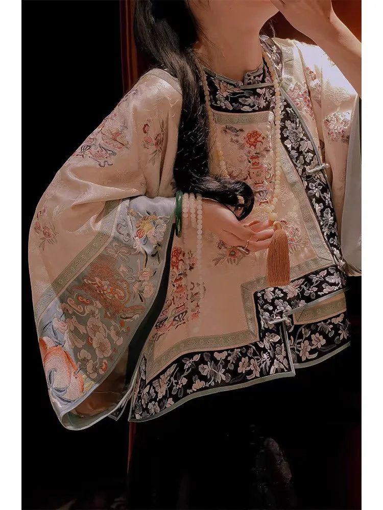 New Chinese-style Beige Han Elements Printed Jacquard Blouse Top with Traditional Frog Closure