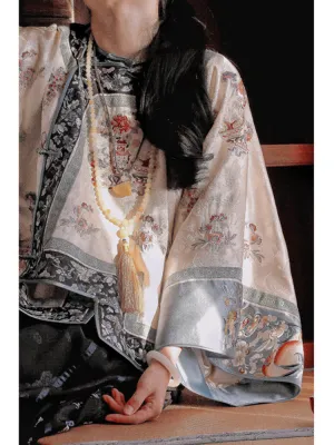 New Chinese-style Beige Han Elements Printed Jacquard Blouse Top with Traditional Frog Closure