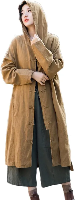 NFYM Women's Long Trench Coat Cotton Linen Hoodie Duster Jacket Long Sleeve Chinese Style Outwear with Pocket