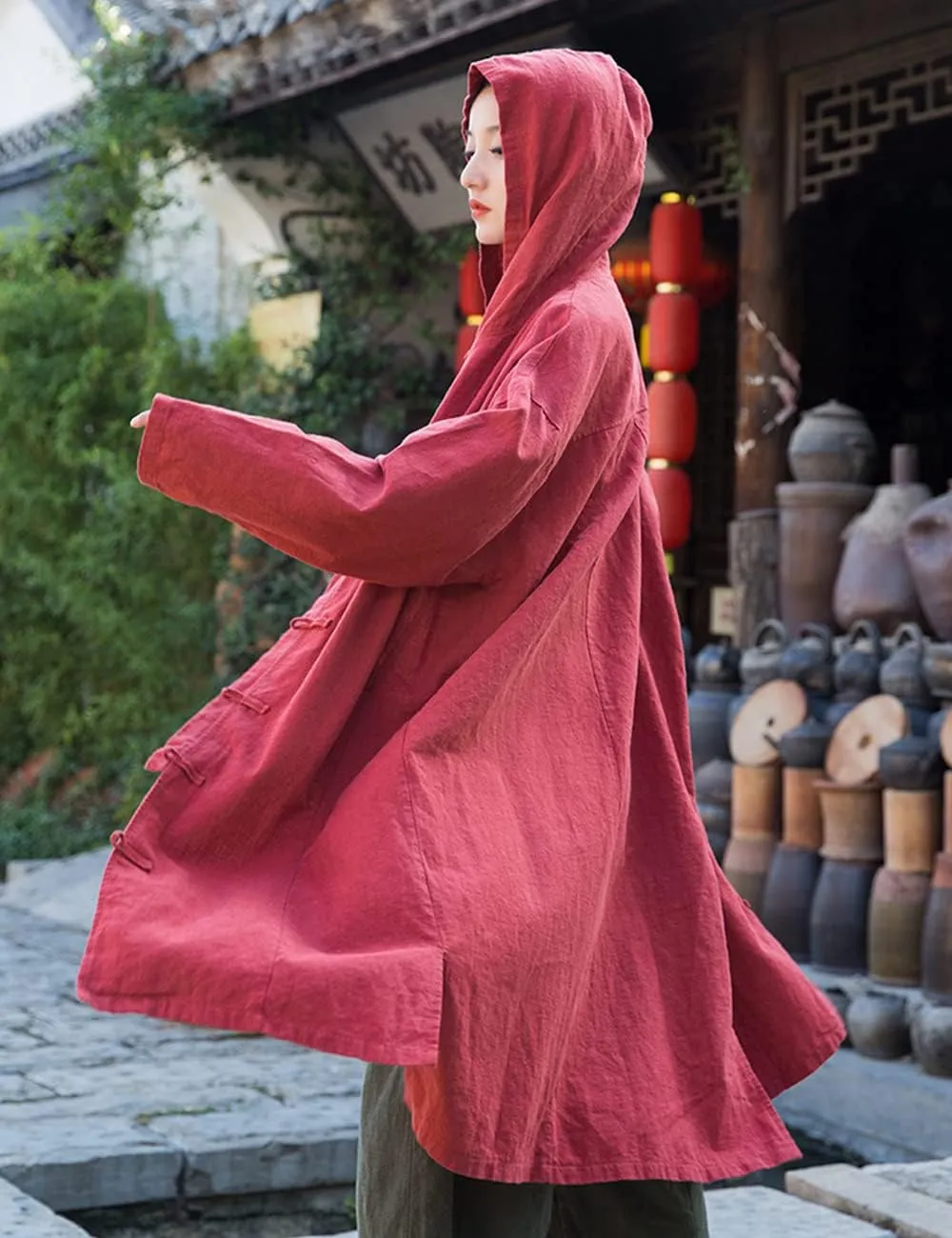 NFYM Women's Long Trench Coat Cotton Linen Hoodie Duster Jacket Long Sleeve Chinese Style Outwear with Pocket