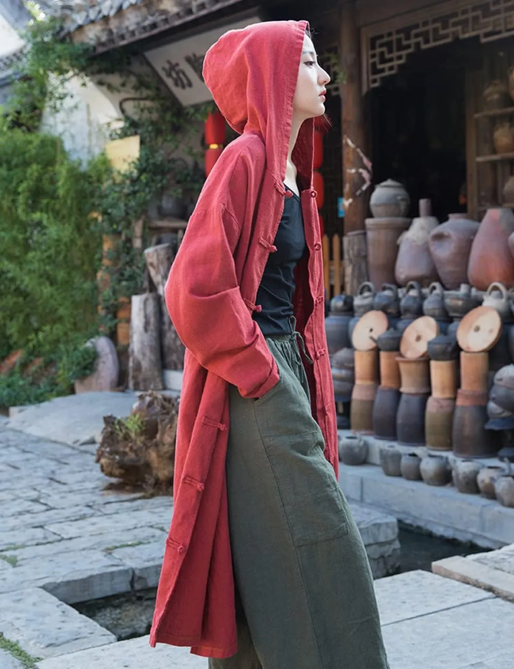 NFYM Women's Long Trench Coat Cotton Linen Hoodie Duster Jacket Long Sleeve Chinese Style Outwear with Pocket