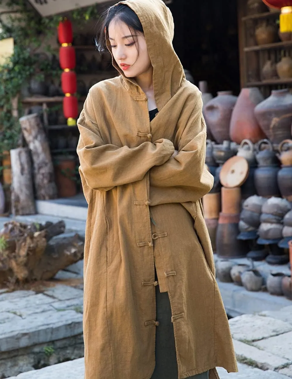 NFYM Women's Long Trench Coat Cotton Linen Hoodie Duster Jacket Long Sleeve Chinese Style Outwear with Pocket
