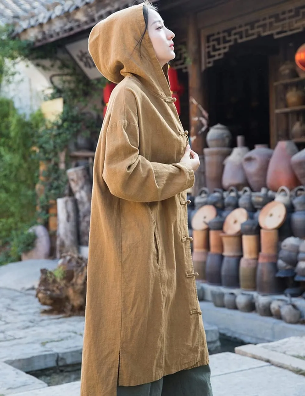 NFYM Women's Long Trench Coat Cotton Linen Hoodie Duster Jacket Long Sleeve Chinese Style Outwear with Pocket