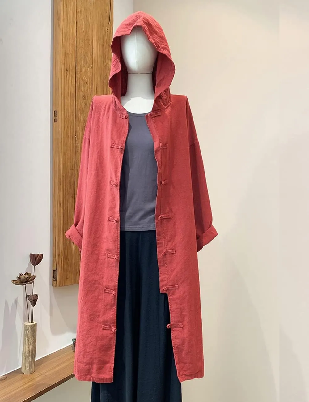 NFYM Women's Long Trench Coat Cotton Linen Hoodie Duster Jacket Long Sleeve Chinese Style Outwear with Pocket