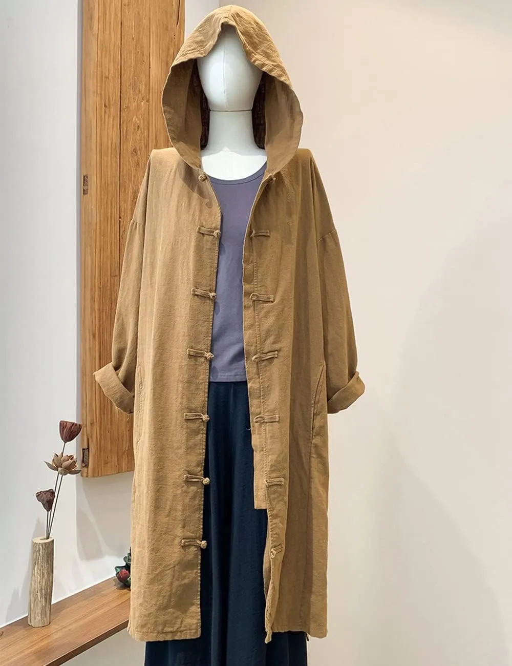 NFYM Women's Long Trench Coat Cotton Linen Hoodie Duster Jacket Long Sleeve Chinese Style Outwear with Pocket
