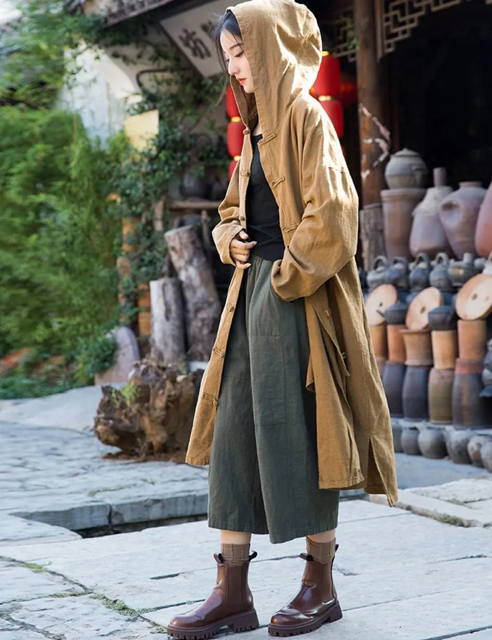 NFYM Women's Long Trench Coat Cotton Linen Hoodie Duster Jacket Long Sleeve Chinese Style Outwear with Pocket