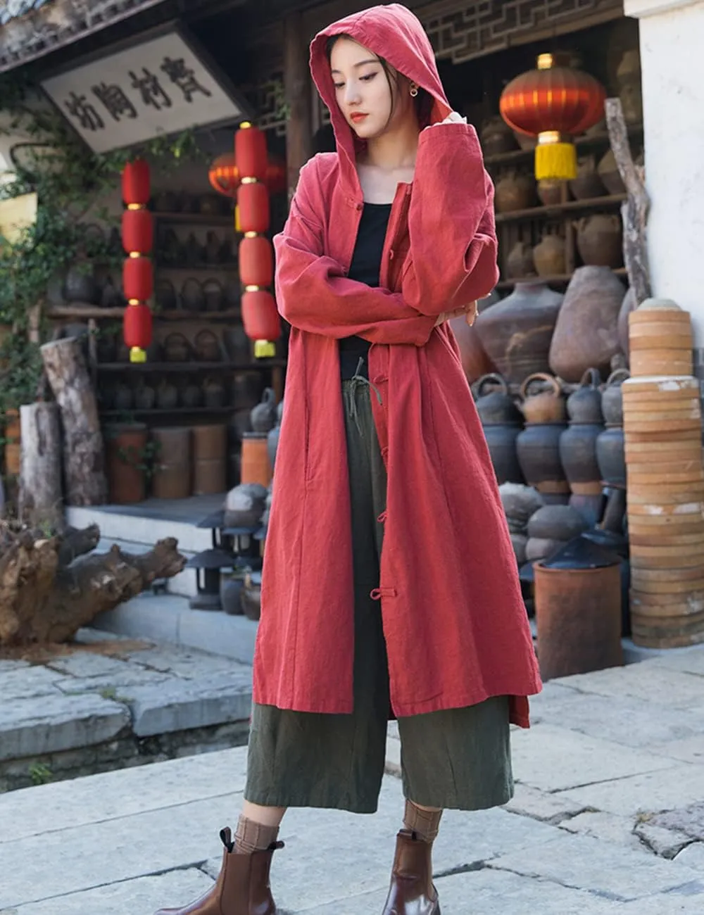 NFYM Women's Long Trench Coat Cotton Linen Hoodie Duster Jacket Long Sleeve Chinese Style Outwear with Pocket