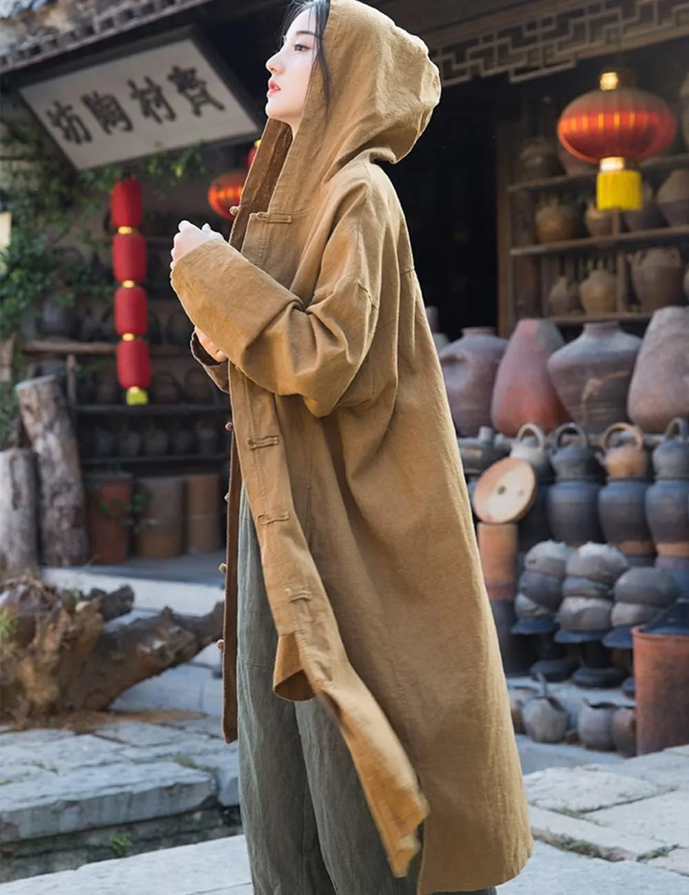 NFYM Women's Long Trench Coat Cotton Linen Hoodie Duster Jacket Long Sleeve Chinese Style Outwear with Pocket