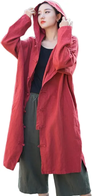 NFYM Women's Long Trench Coat Cotton Linen Hoodie Duster Jacket Long Sleeve Chinese Style Outwear with Pocket