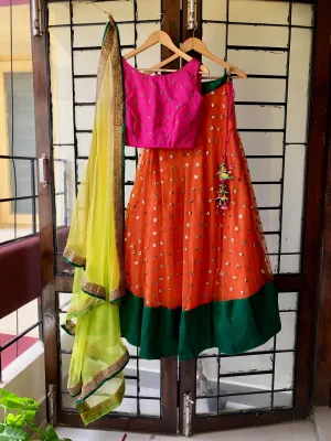 Orange Brunch crop top with netted skirt and duppata