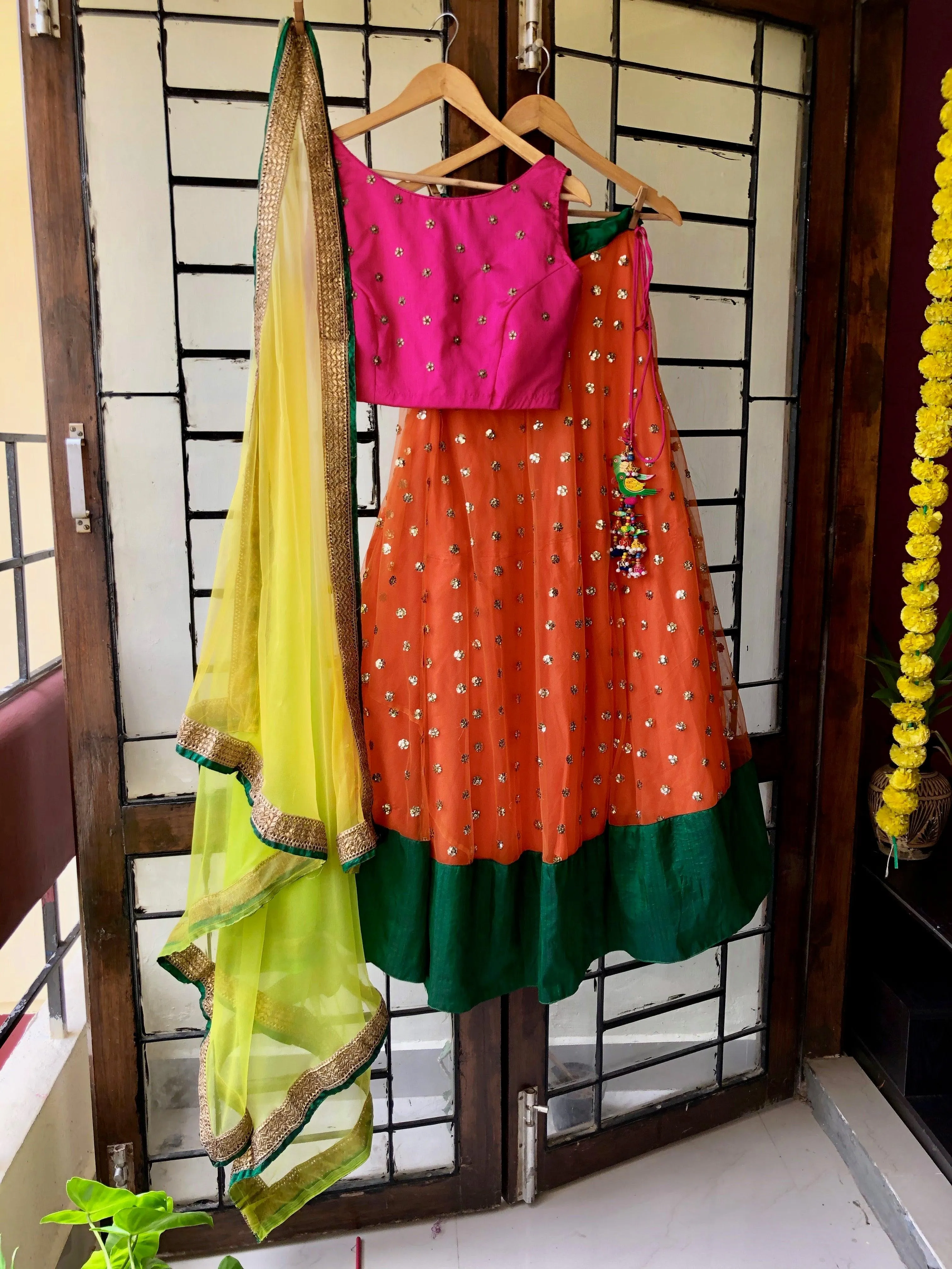 Orange Brunch crop top with netted skirt and duppata