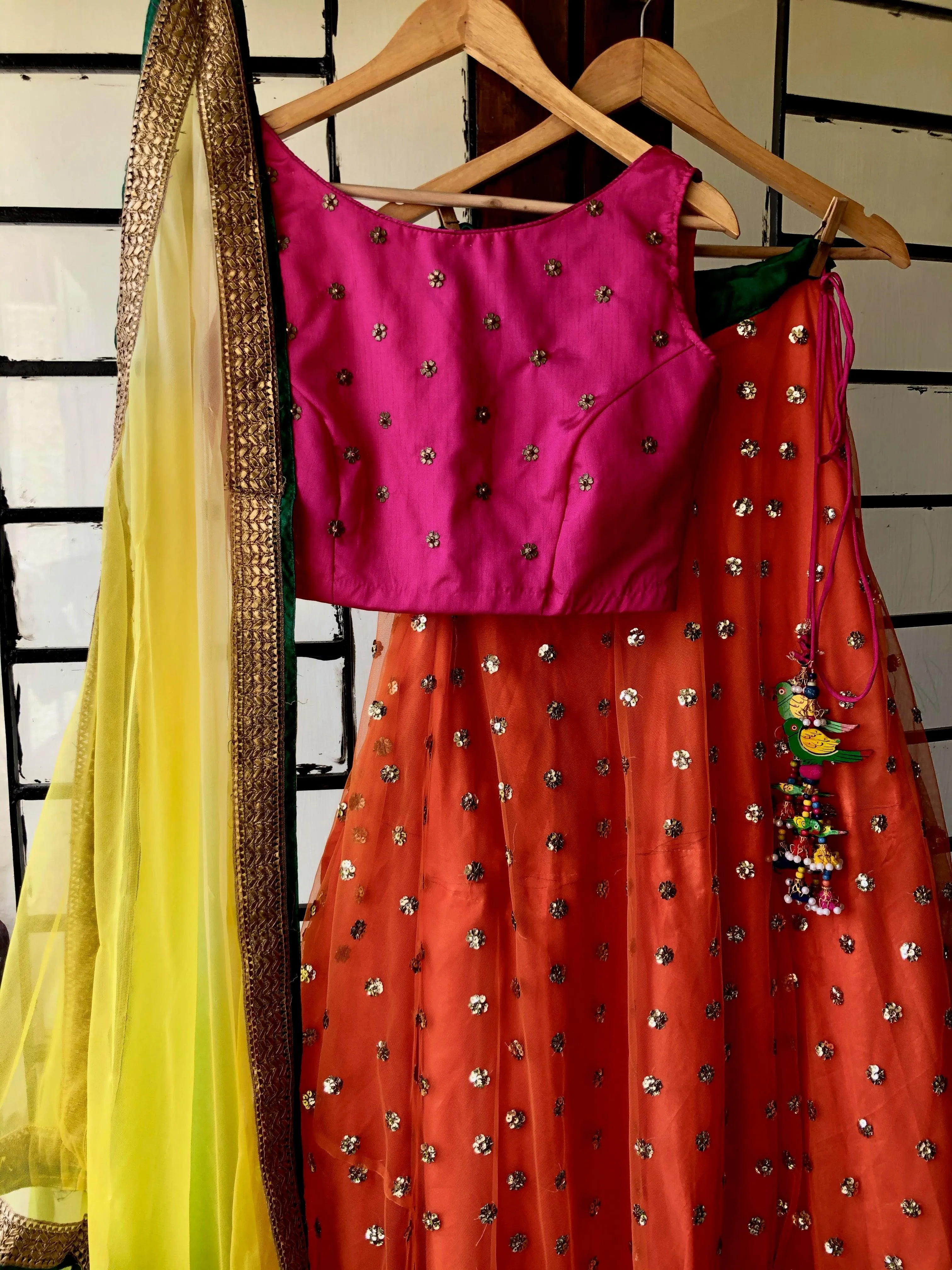 Orange Brunch crop top with netted skirt and duppata