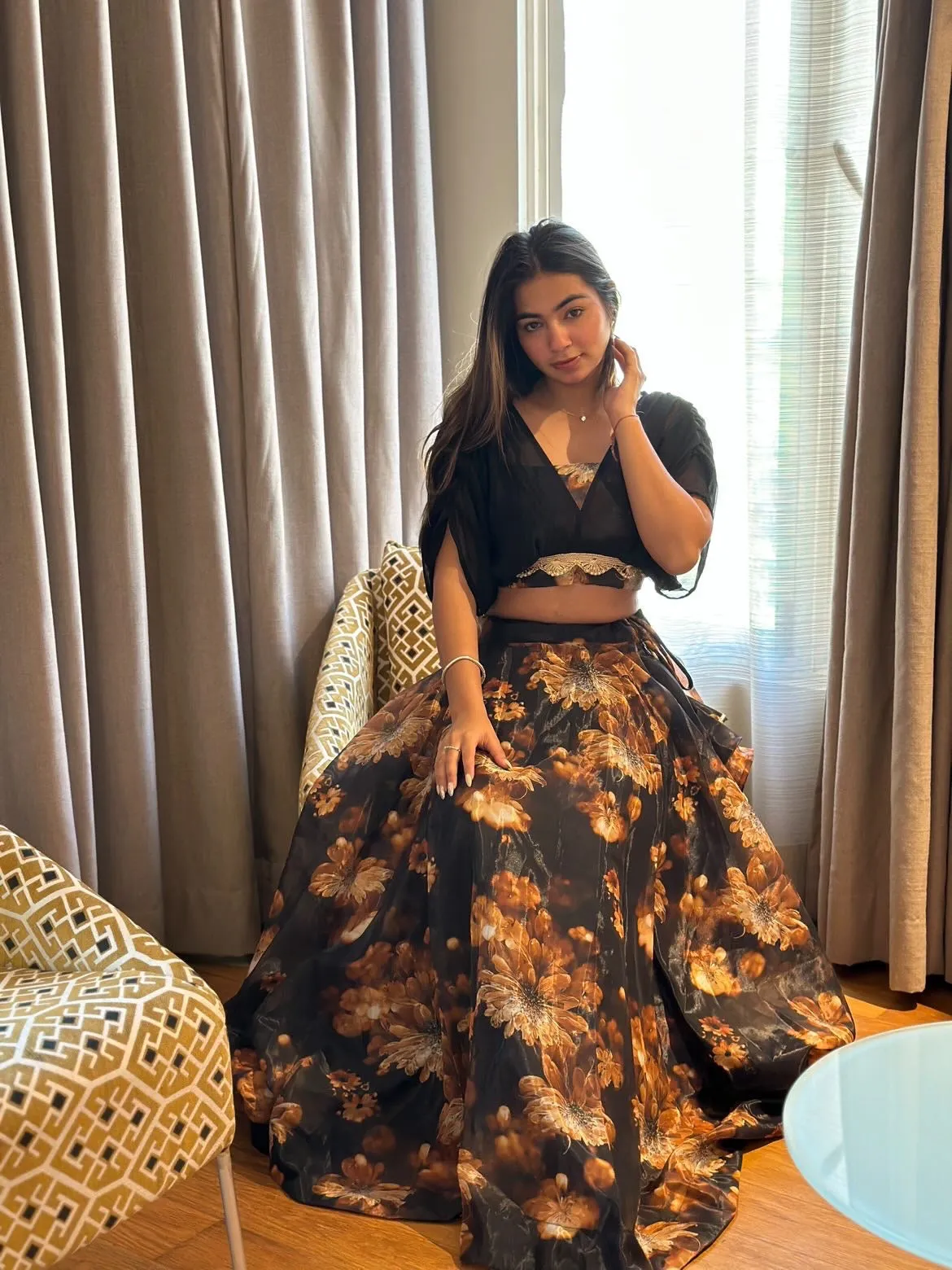 Organza Black Color Digital Printed Crop Top With Lehenga