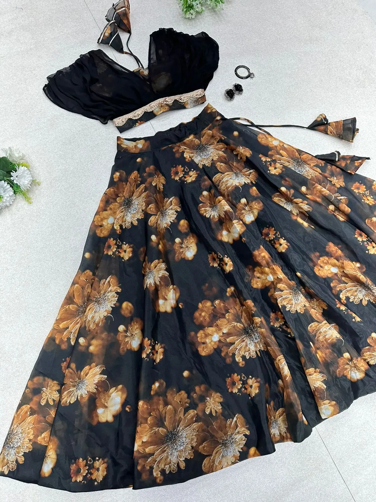 Organza Black Color Digital Printed Crop Top With Lehenga