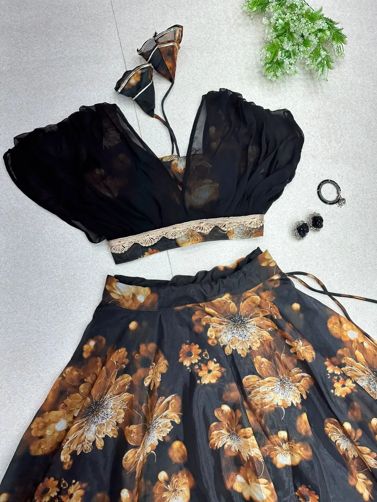 Organza Black Color Digital Printed Crop Top With Lehenga