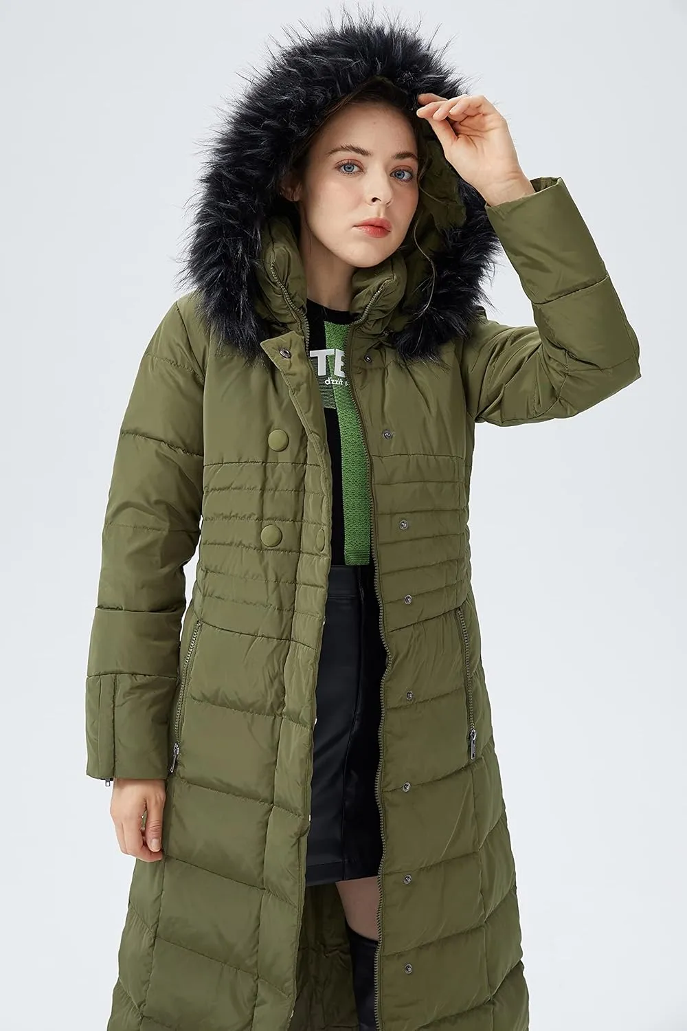 Orolay Women Warm Down Jacket with Hood Fur Long Puffer Coat