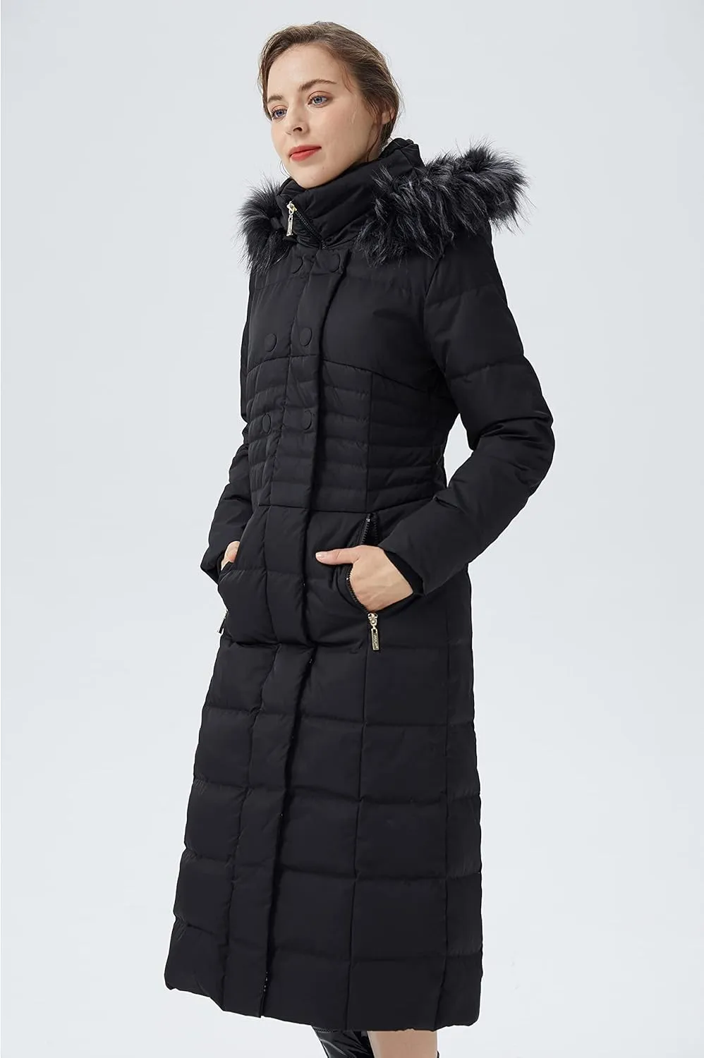 Orolay Women Warm Down Jacket with Hood Fur Long Puffer Coat