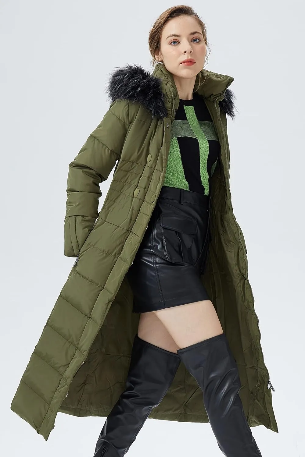 Orolay Women Warm Down Jacket with Hood Fur Long Puffer Coat