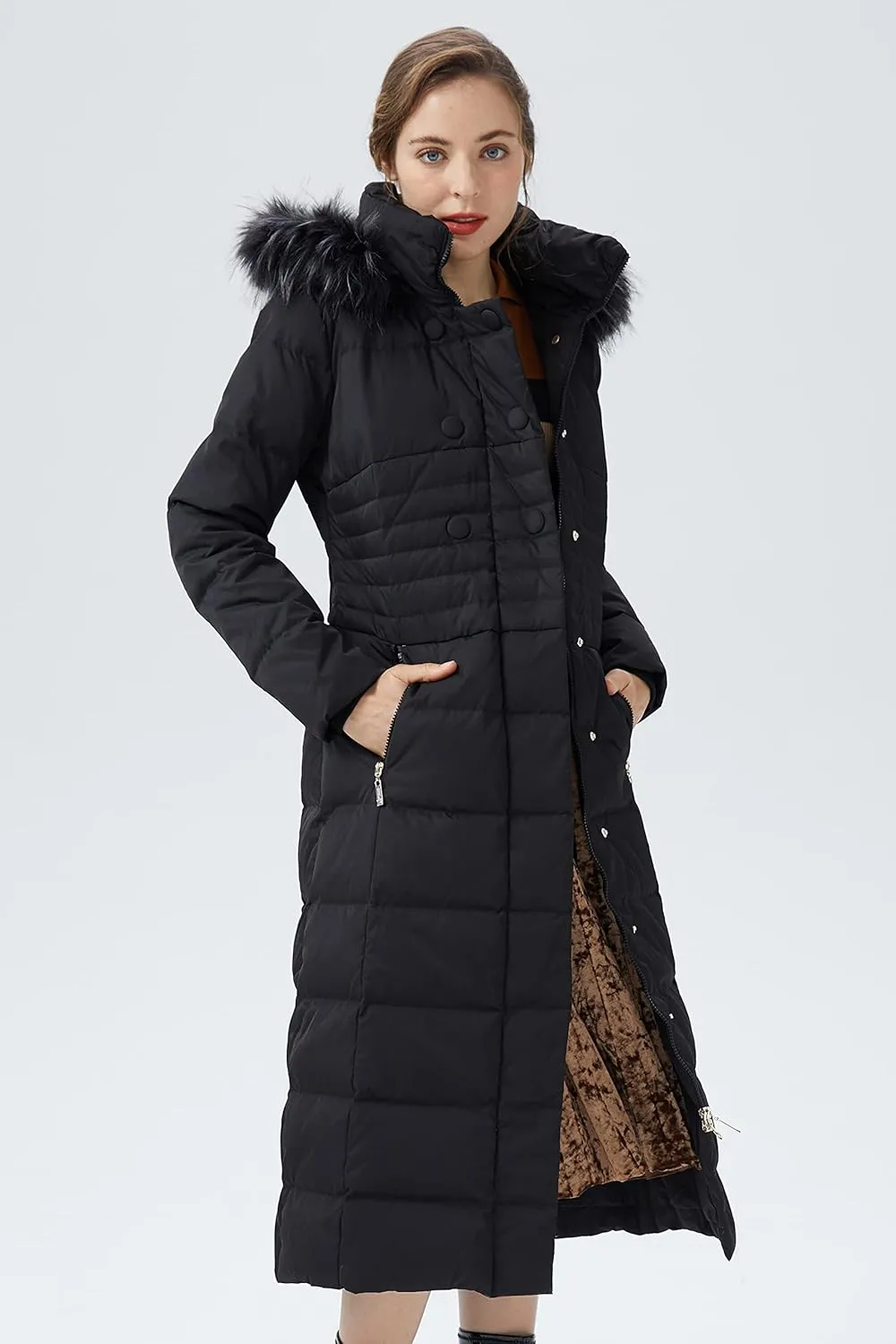 Orolay Women Warm Down Jacket with Hood Fur Long Puffer Coat