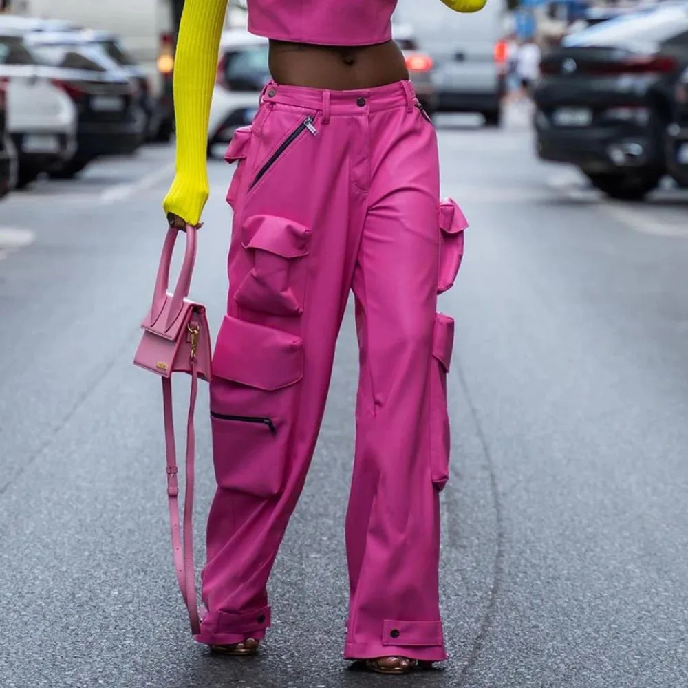 Patchwork Pockets Casual Leather Pants For Women High Waist Spliced Zipper Streetwear Straight Trousers Female Fashion