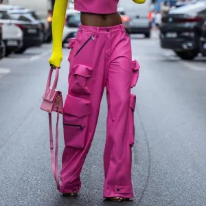 Patchwork Pockets Casual Leather Pants For Women High Waist Spliced Zipper Streetwear Straight Trousers Female Fashion