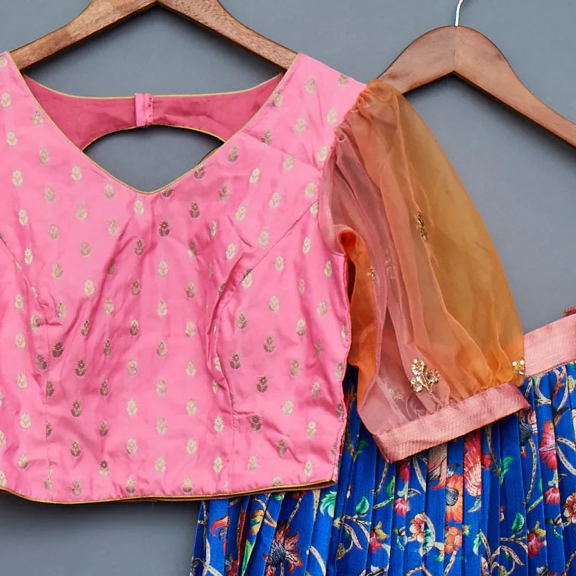 Peach and Blue Crop Top Lehanga