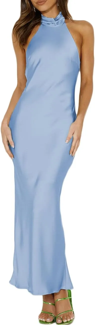 Phicia Sexy Satin Halter Neck Backless Maxi Dress for Women Elegant Tie Cowl Back Formal Wedding Guest Dress for Summer