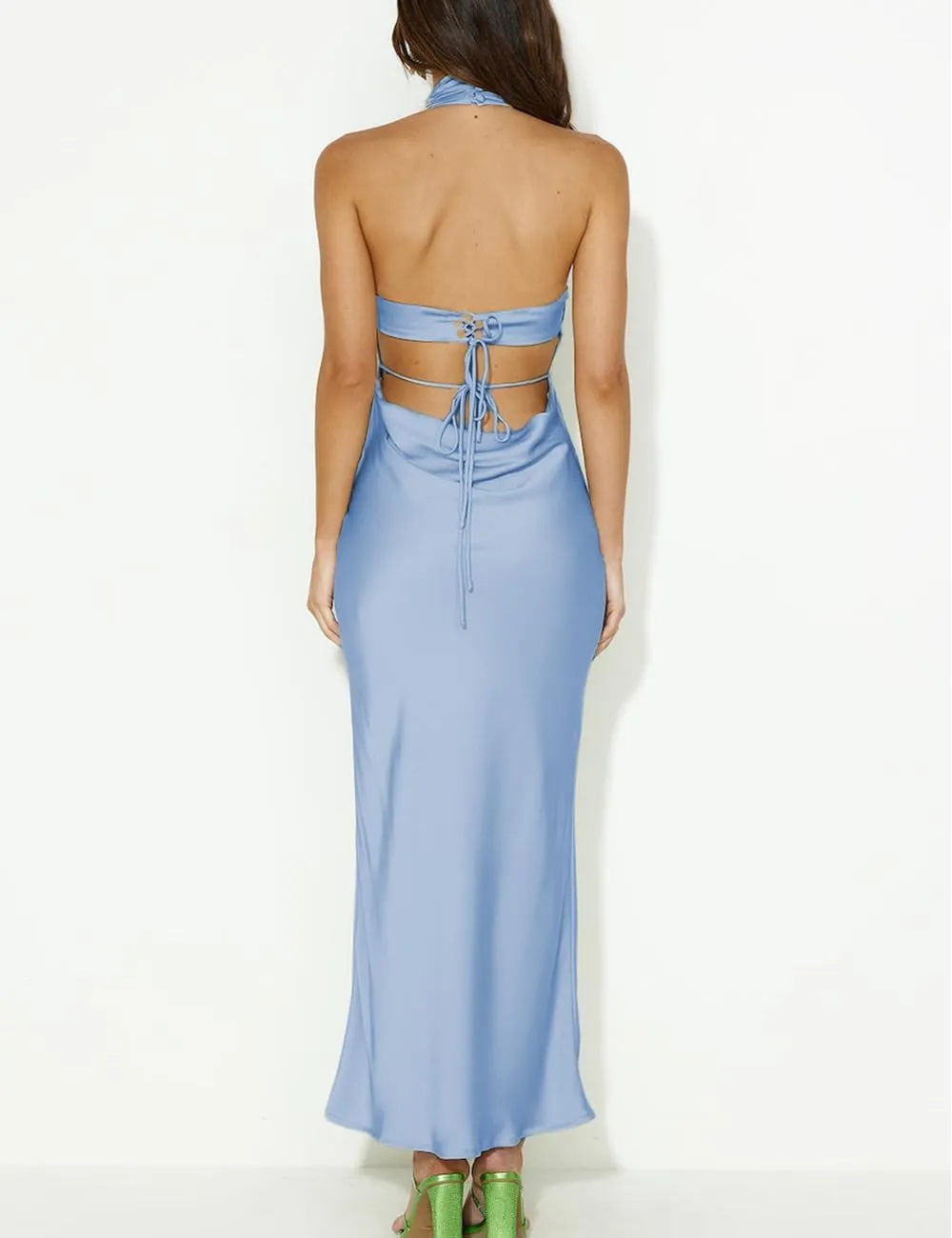 Phicia Sexy Satin Halter Neck Backless Maxi Dress for Women Elegant Tie Cowl Back Formal Wedding Guest Dress for Summer