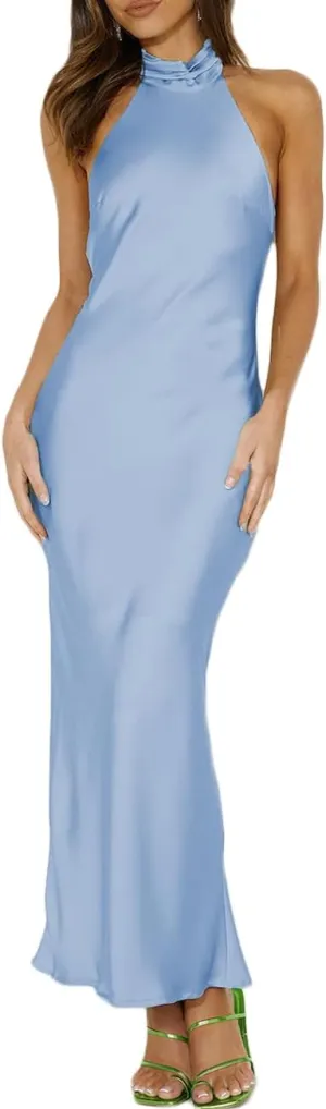 Phicia Sexy Satin Halter Neck Backless Maxi Dress for Women Elegant Tie Cowl Back Formal Wedding Guest Dress for Summer