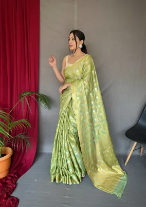 Pista Green Saree In Cotton With Rose Gold Woven