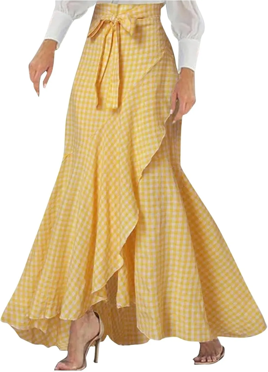 Plaid Mermaid Maxi Skirt for Women Asymmetrical Tied High Waist Ruffle Hem Skirts Casual Fashion Vintage Swing Skirt