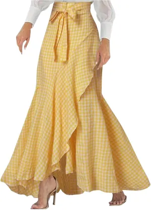 Plaid Mermaid Maxi Skirt for Women Asymmetrical Tied High Waist Ruffle Hem Skirts Casual Fashion Vintage Swing Skirt
