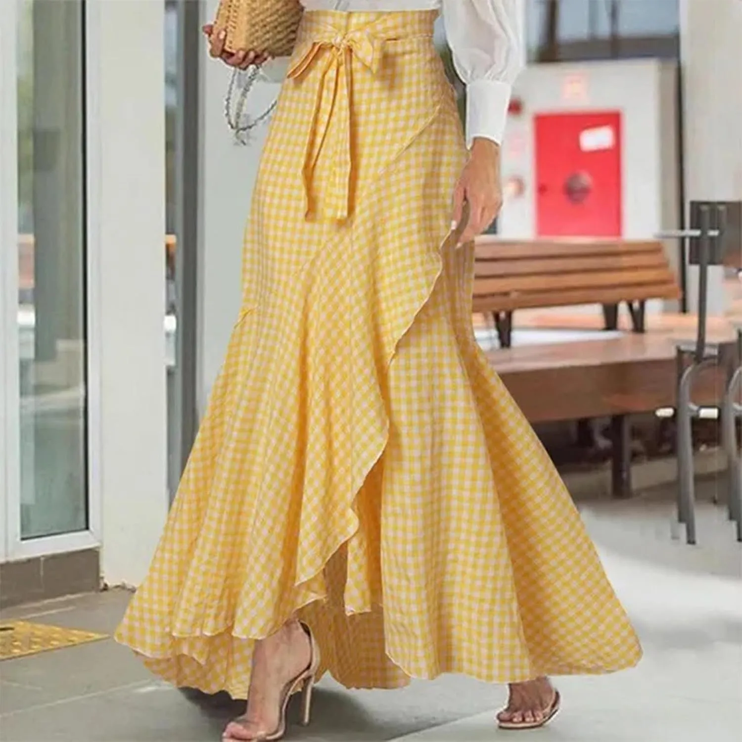 Plaid Mermaid Maxi Skirt for Women Asymmetrical Tied High Waist Ruffle Hem Skirts Casual Fashion Vintage Swing Skirt