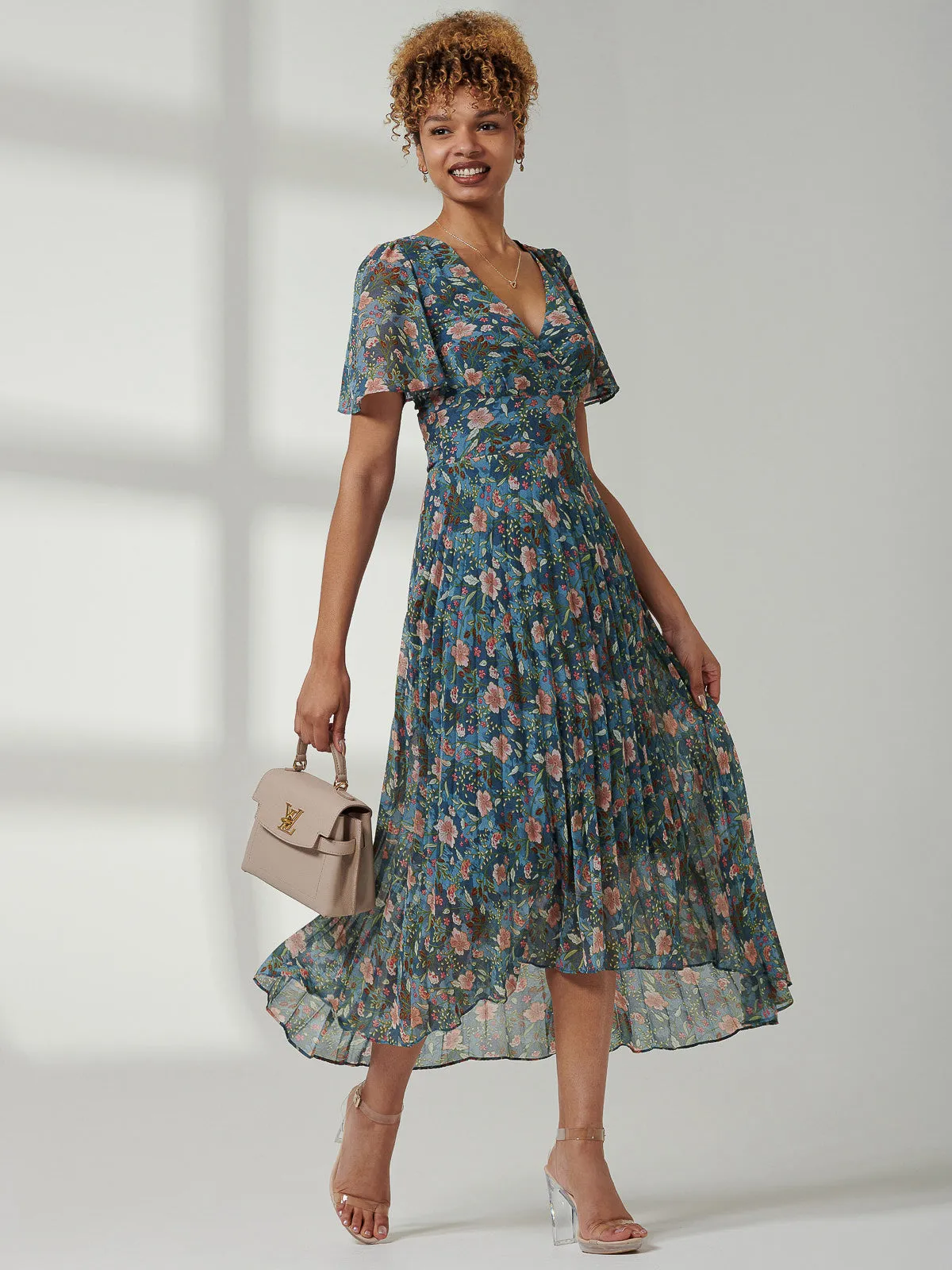 Pleated Chiffon High Low Maxi Dress, Teal Floral