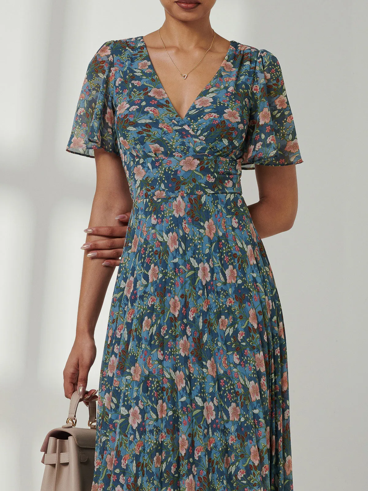 Pleated Chiffon High Low Maxi Dress, Teal Floral