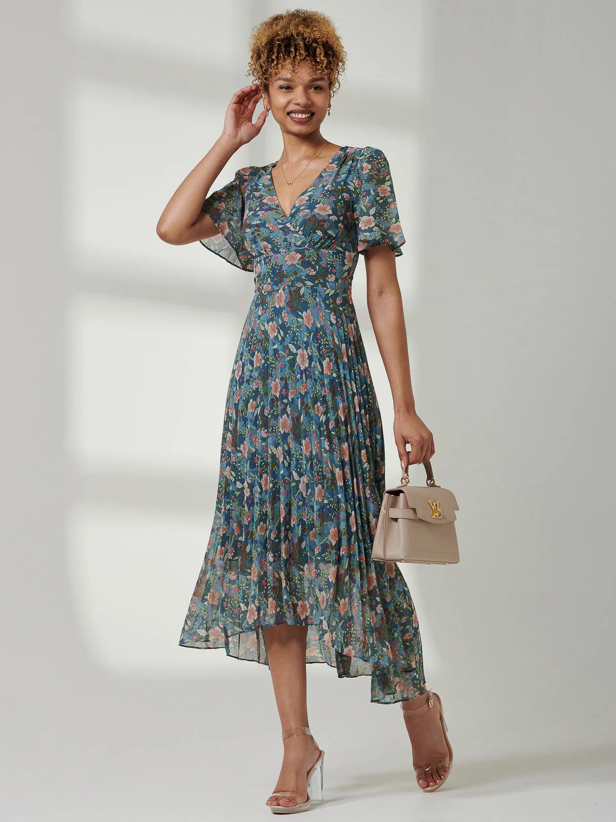 Pleated Chiffon High Low Maxi Dress, Teal Floral