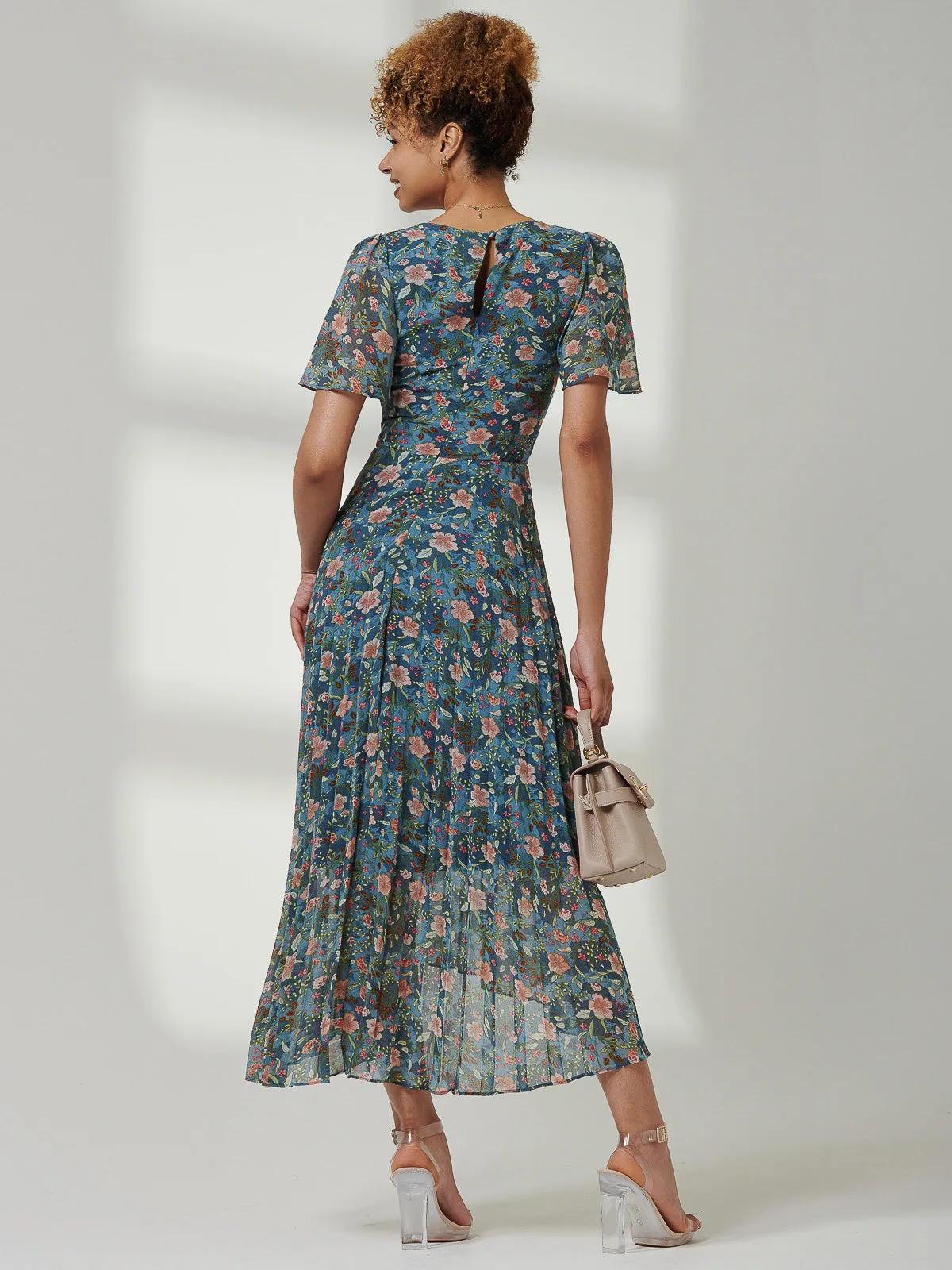 Pleated Chiffon High Low Maxi Dress, Teal Floral