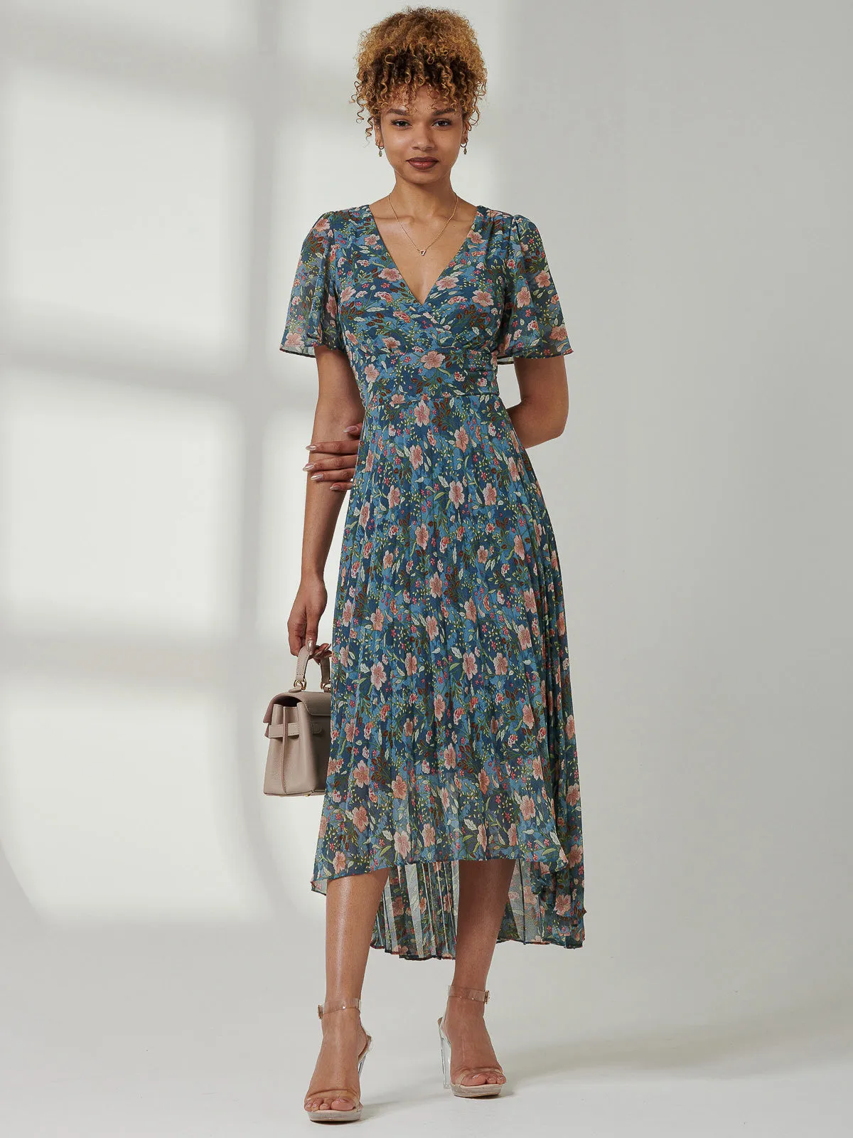 Pleated Chiffon High Low Maxi Dress, Teal Floral
