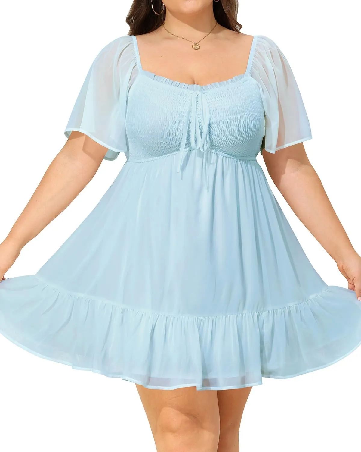 Plus Size Women's Sweetheart Neckline Dress Smocked Short Summer Sundress Chiffon Mini Cute Graduation Dresses