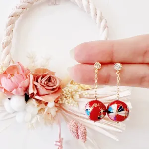 Red Kiku Tensha Love Earrings 菊転写ビーズ