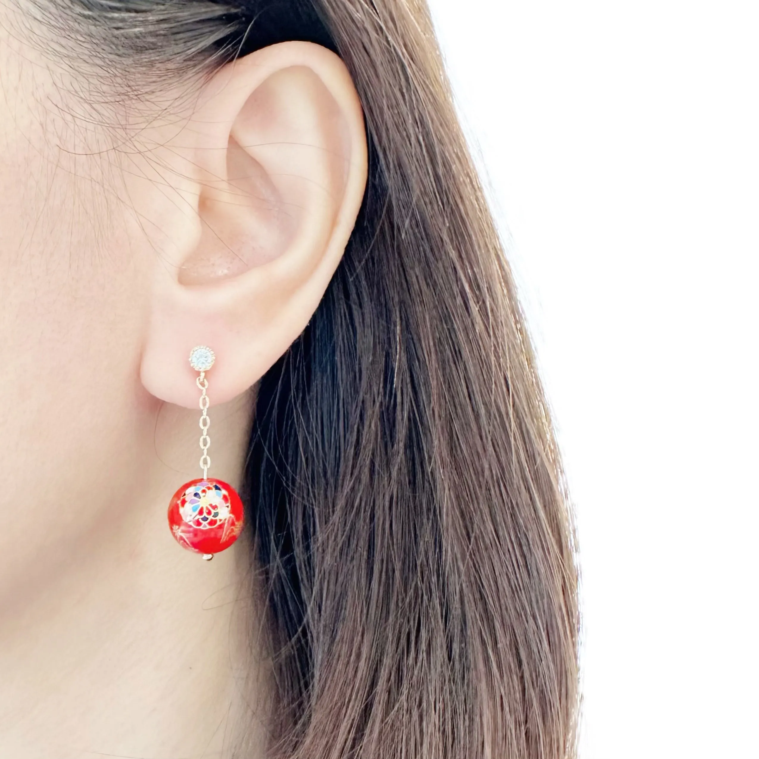 Red Kiku Tensha Love Earrings 菊転写ビーズ