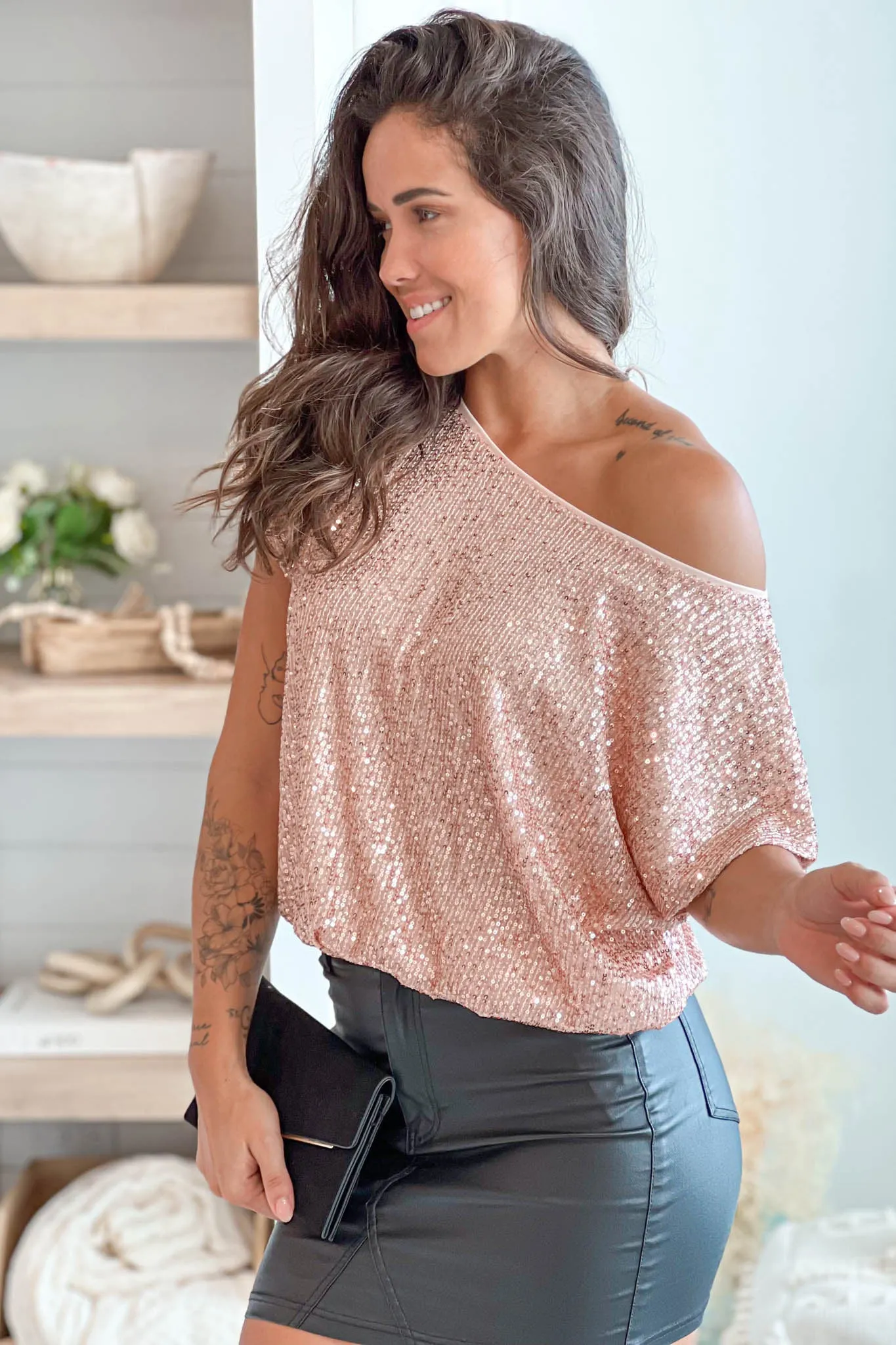 Rose Gold Short Sleeve Sequin Crop Top