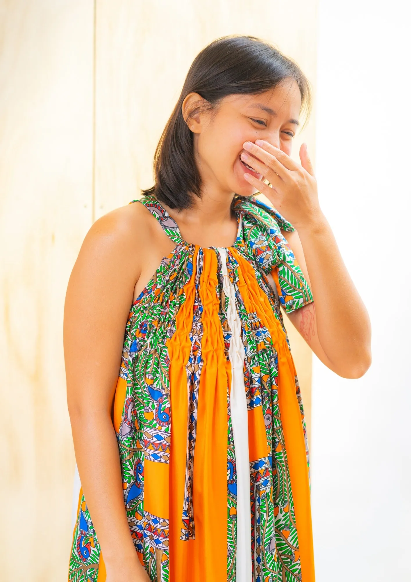roxy long halter dress - orange silk