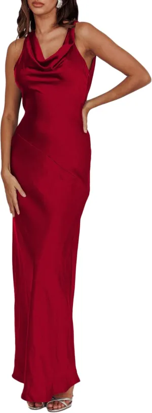 Satin Cowl Neck Sleeveless Backless Maxi Wedding Guest Dress Silk Open Back Tie Back Prom Formal Dresses for Women 2025